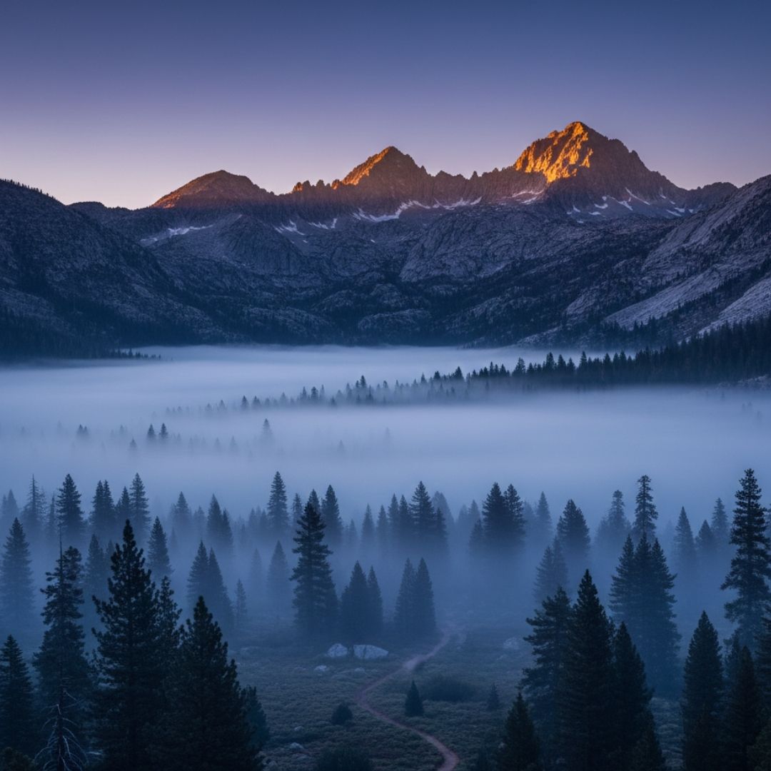 Soft morning light filtering through a light mist over a high-altitude mountain valley filled with pine trees.