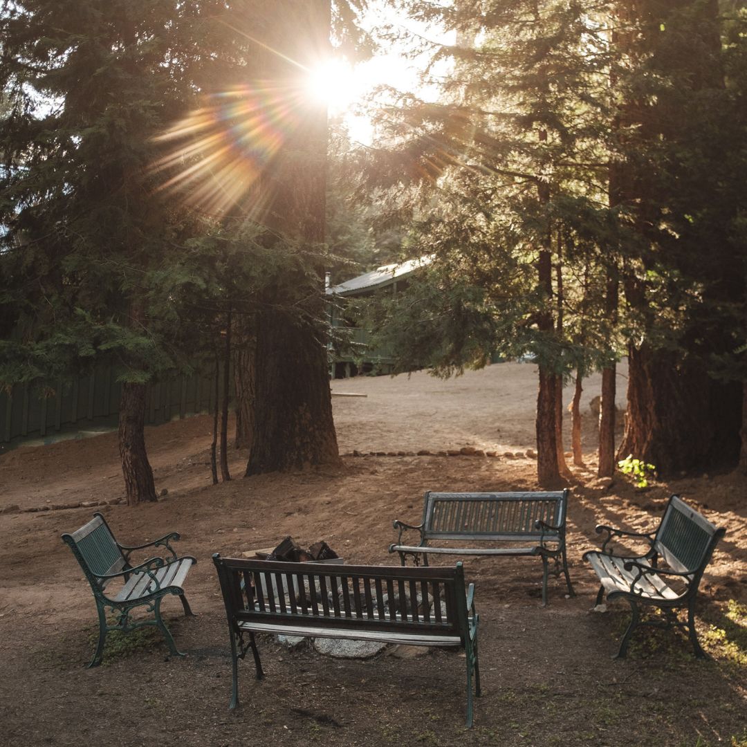sitting area with benches around campfire ring in Sierra Nevada mountains