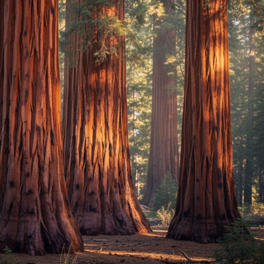 Warm afternoon sunlight highlighting the intricate and fibrous textures of a massive Sequoia tree trunk.